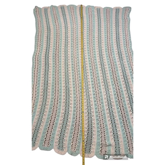 Crochet Afghan Blanket Quilt Mint Green And White Vintage 90 x 62 Inches - Picture 5 of 6